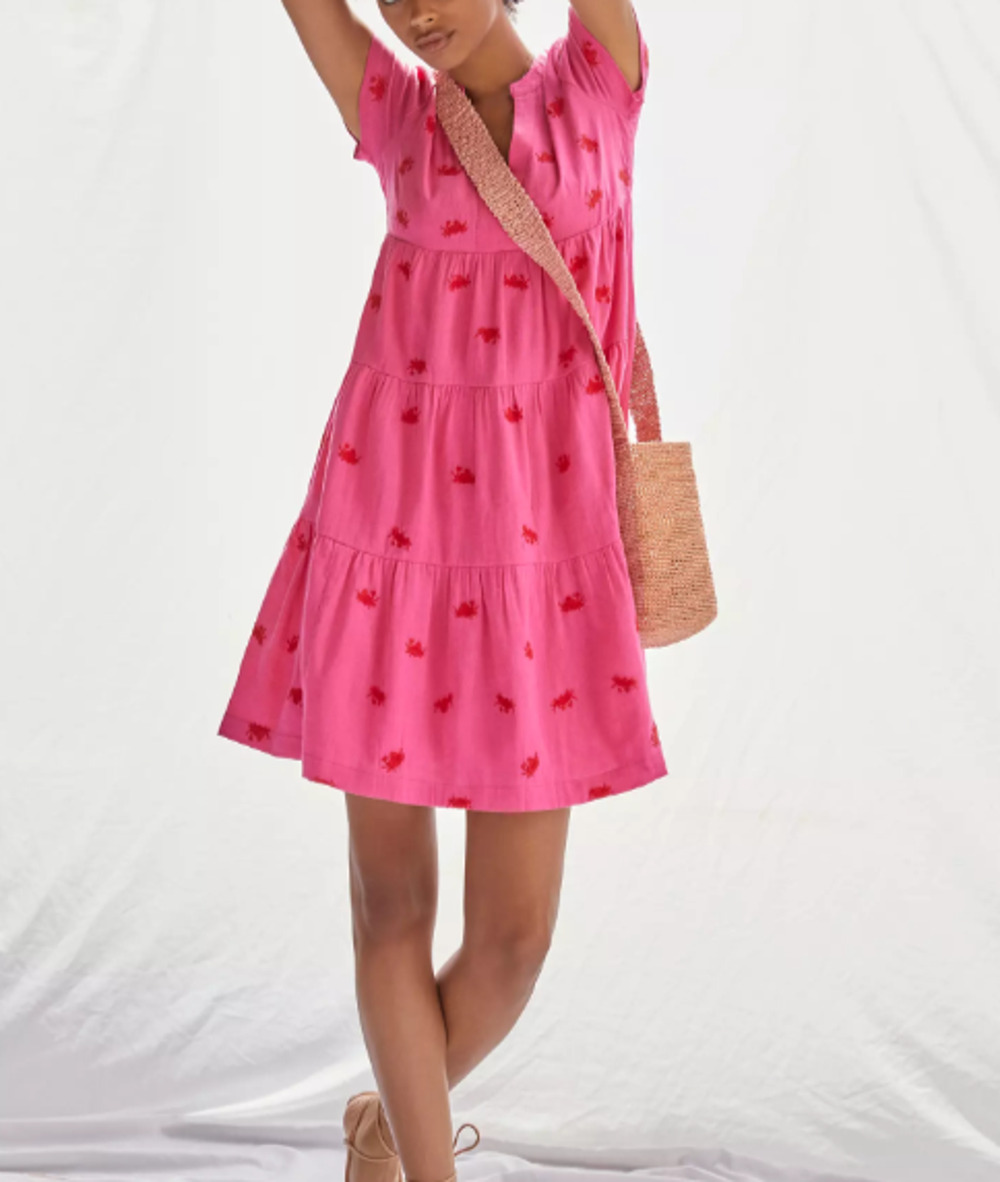 MAEVE Dress L ANTHROPOLOGIE Tiered Tunic Split Neck Crab Cotton Blend Pink